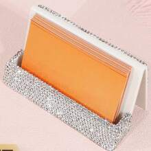 1pc, Rhinestone-Studded Collection, White Rhinestone Credit Card Case, Card And Business Card Holder, Bank Card Storage And Document Box, Clay Rhinestones, High-End Multi-Faceted Glass Rhinestones, Plastic Glittering Rhinestone Office Desk Memo Clip, Portable Elegant Office Card Case, Luxury Gift Accessory With Multi-Faceted Glass Gemstones.