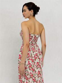 Vestido tubo con estampado floral - Rojo - Ver 4