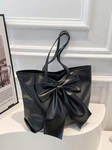 Fashionable Solid Color Shoulder Tote Bag With Butterfly Decor, Elegant And Cute Bowknot Ladies Handbag, Versatile Work Bag - Black - View 2