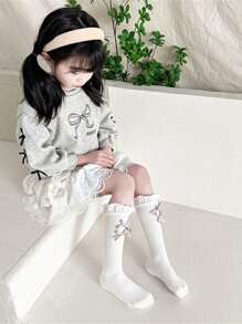 Girls' Bow Decor Mid-Calf Socks, Versatile Lightweight Kids Princess Socks For Spring & Fall