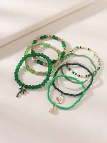 8pcs/Set Bohemian Clover Openable Box Heart Pendant Beaded Bracelet Stacking Bracelets, Suitable For Women Beach Holiday Casual Party Club Accessories - Green - View 6