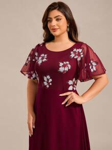 Plus Elegant Round Neck Floral Sequin Fall Dresses Formal Dresses For Mother Of The Bride Burgundy Bridesmaid Dresses - Burgundy - View 9