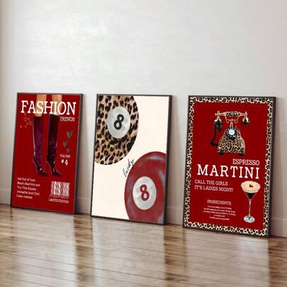 1/3pcs Fashion Magazine Cover Wall Art Picture Red Martini Espresso Prints Canvas Paintings Leopard Poster Girly Aesthetic Decor For Bedroom, Living Room, Or Dorm Wall Decor No Framed