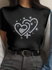Women's Summer Rhinestone Heart Print Round Neck Short Sleeve Casual T-Shirt Graphic Tees Women Tops