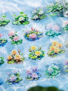 1 Rollo de cinta adhesiva con estampado de loto recortado, cinta adhesiva con pegatinas de plantas frescas para planificadores, serie de estanque de lotos de verano