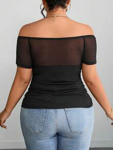 Women Plus Size Off-Shoulder Mesh Patchwork Fitted Top, Casual Everyday Wear - Black - View 2