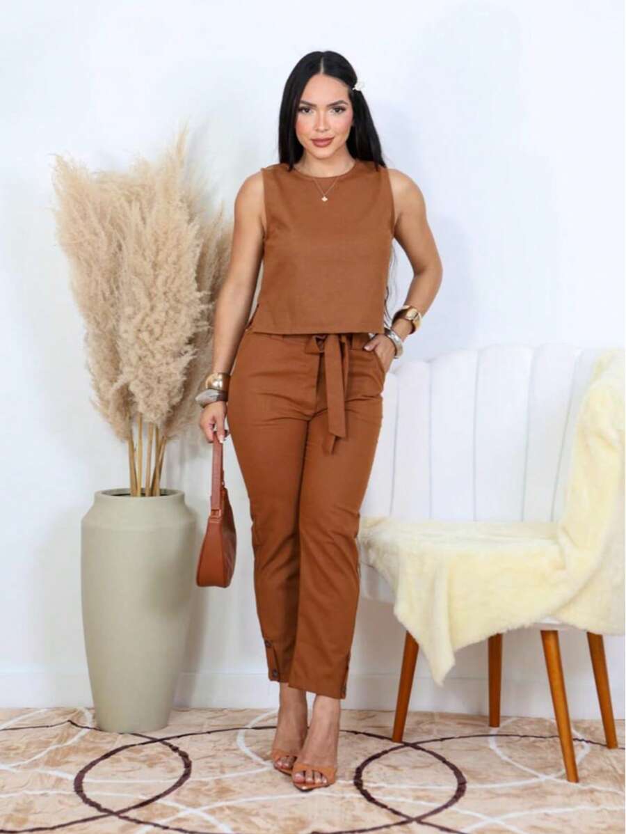Women's Formal Set Cropped Trousers With Tie - Óxido marrón - Ver 1
