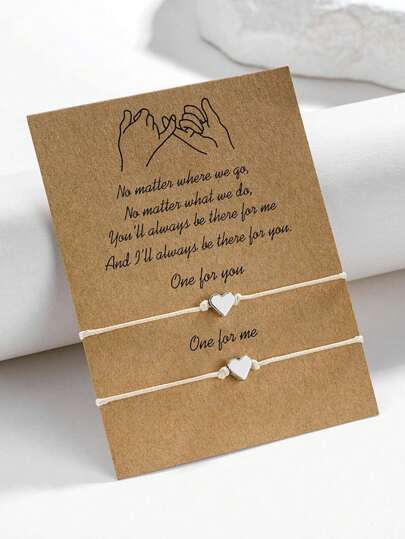 2pcs Zinc Alloy Heart Shaped Wax Cord Braided Friendship Bracelet, Suitable As Mother's Day Gift