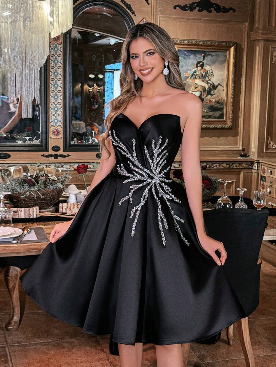 Faeriesty Stylish Strapless Beaded Sequin Decoration A-Line Satin Party Dress