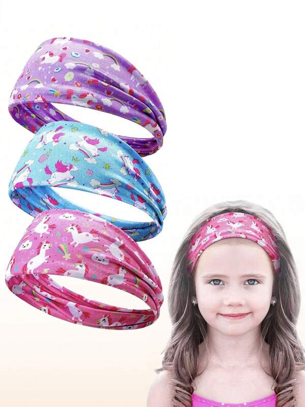 3Pieces Unicorn Headbands For Girls Cute Elastic Bandeau Adjustable Wide Rainbow Headband No Slip Little Girl Hair Accessories Neck Gaiter Party Favors Stretch Hippie Turban For Children Kids Toddler