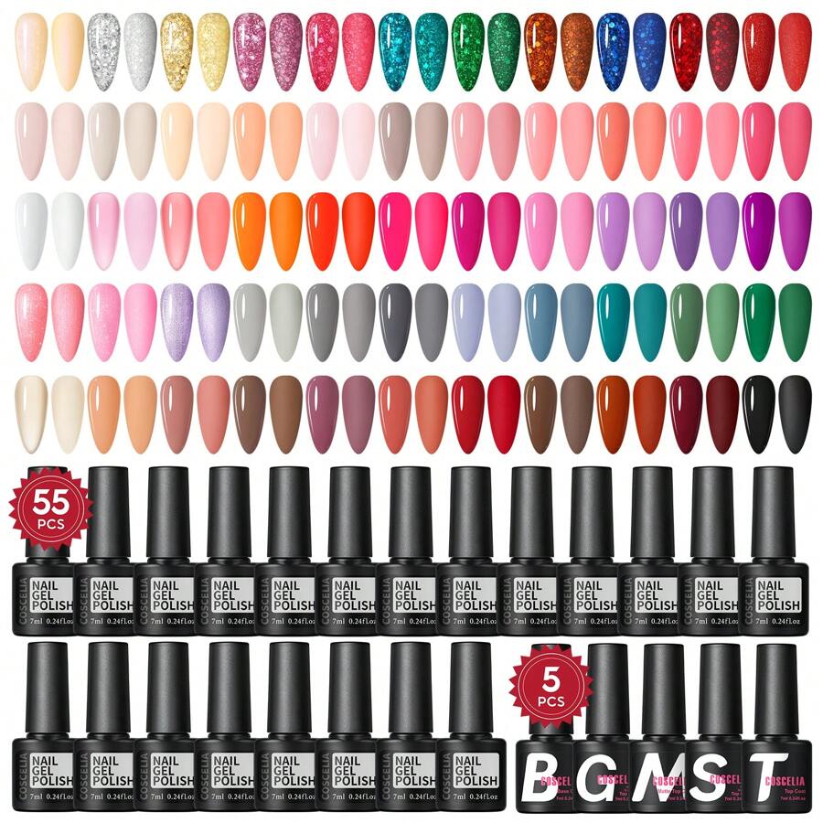 COSCELIA Gel Nail Polish Set 60 PCS 55 Colors Gel Polish Kit Base Glossy Matte Glitter Top Coat Gel Polish Pastel Glitter Pearl White Red Pink Nude Green Blue Gel Gift For Women - Màu Khỏa thân - Xem 1