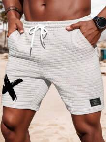 Men's Summer Breathable Plaid Sports Shorts, Elastic Casual Streetwear, Drawstring Waist, Waffle Texture - White - View 1
