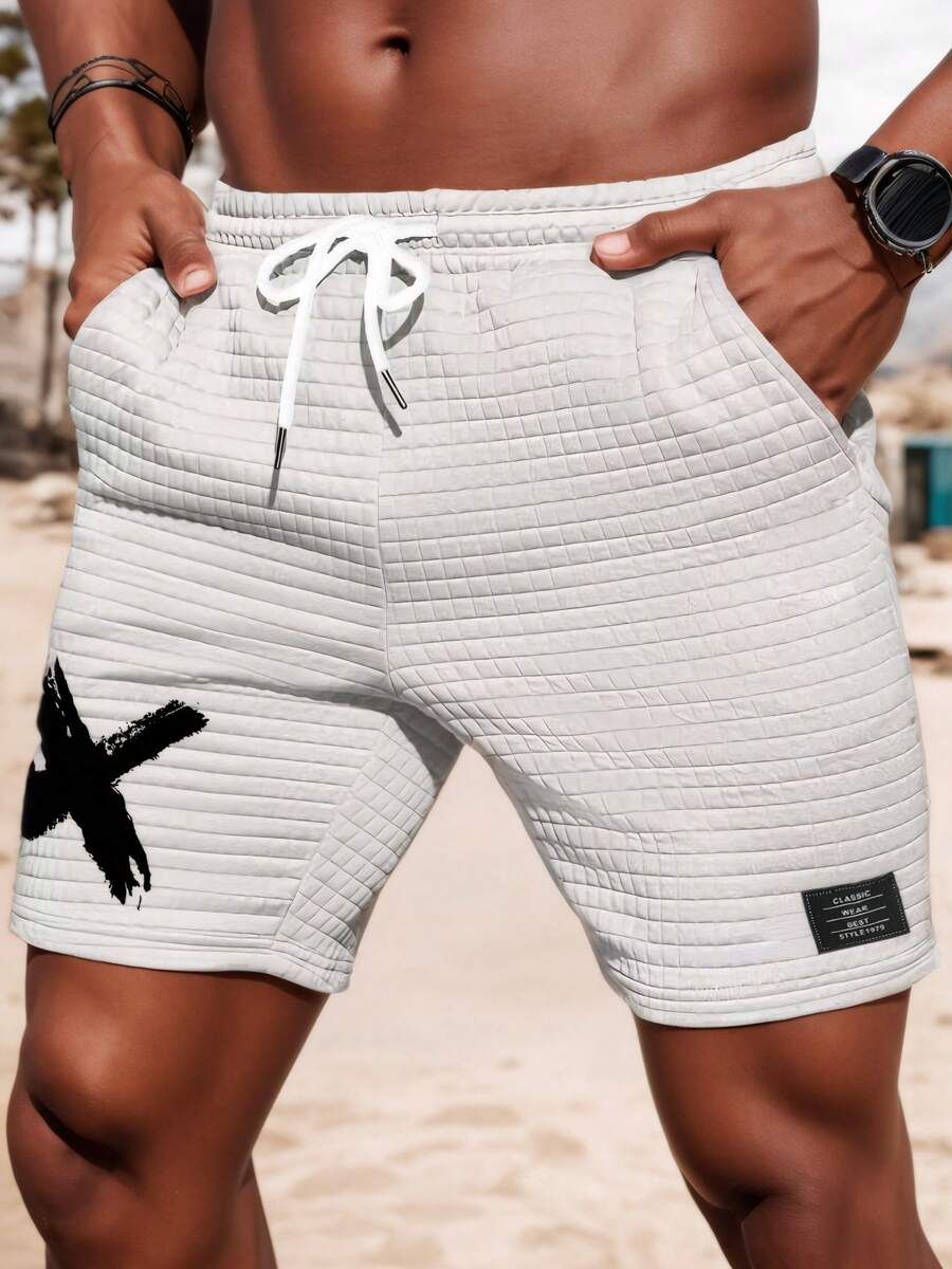 Men's Summer Breathable Plaid Sports Shorts, Elastic Casual Streetwear, Drawstring Waist, Waffle Texture - White - View 1
