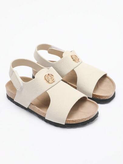 1 Pair Girl's Gold Flower Emblem Decorated Faux Suede Upper, Rubber Outsole With Soft Cork Midsole, Non-Slip Shock Absorption Open Toe Hook & Loop Strap Flat Sandals, Fashionable Casual For School And Holiday Wear