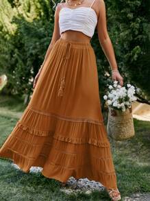 Simplee 休闲度假西部风女式宽松流苏荷叶边裙 - 土橘色 - 查看 5