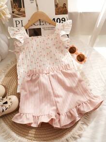 Baby Girls Floral Ruffle Trim Top + Shorts 2pcs Set, Cute Summer Outfit, Birthday Clothes - Pink - View 3