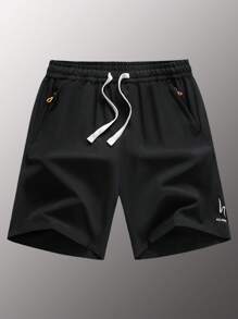 Teen Boy Drawstring Waist Zipper Pocket Fashionable Versatile Casual Shorts - Black - View 1