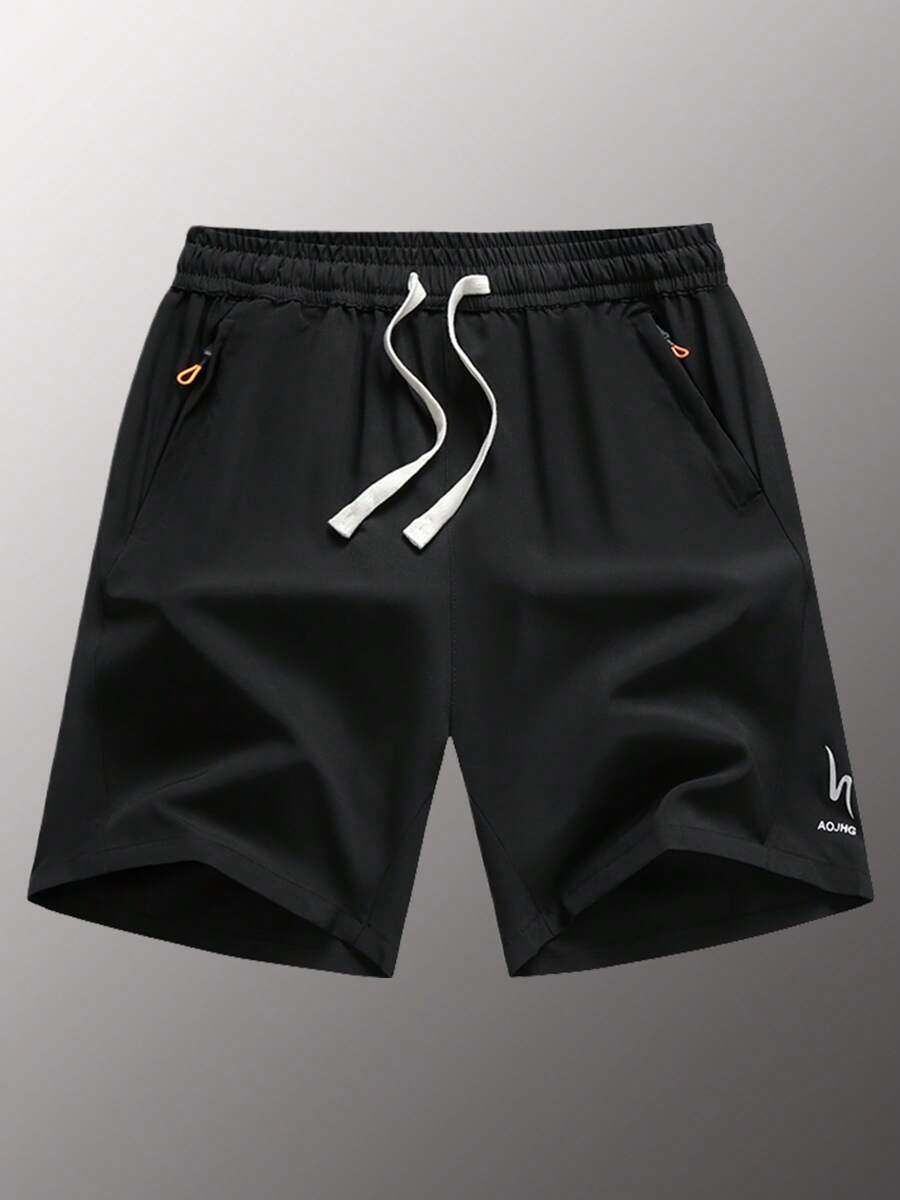 Teen Boy Drawstring Waist Zipper Pocket Fashionable Versatile Casual Shorts - Black - View 1