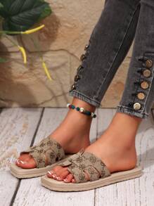 女士复古风格刺绣一脚蹬拖鞋，防滑室内外休闲罗马沙滩凉鞋