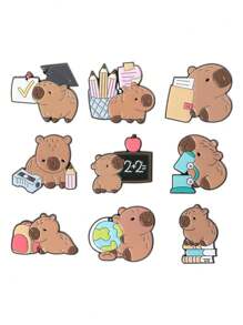 1pc/4pcs/5pcs/6pcs/9pcs Cute Capybara Student Design Hamburger, French Fry, Cartoon Badge, Adorable Capybara Enamel Pin, Cartoon Brooch - Brown - View 2
