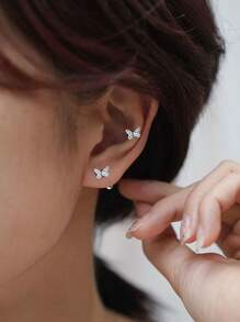 6pcs/2pcs Set Copper Butterfly Screw Earring Studs, Anti-Lost Versatile Earbone Jewelry - Silver Pair - View 2