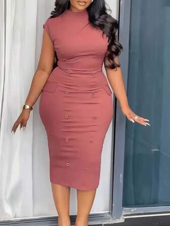 大码女式纯色立领短袖纽扣修身优雅连衣裙，圣诞节