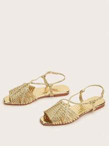 Gold PU Leather Handwoven Strap & Stone Textured Material Platform Flat Sandals For Women, Vacation Style - Gold - View 2