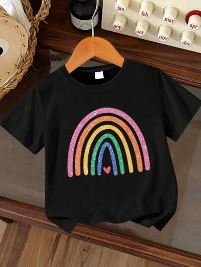 Young Girl's Rainbow Print Round Neck Short Sleeve Tee Spring And Summer Casual T Shirt For Young Girl
