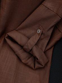Women's Casual Linen Solid Color Roll-Up Sleeve Button Detail Long Sleeve Shirt Spring - Brown - View 11
