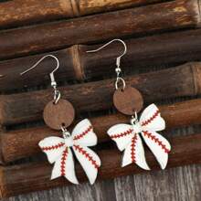1 Pair Acrylic Softball Printed Bow Earrings, Cute Sports Style Small Earrings For Women