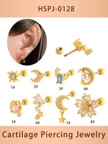 Toppiercing 1pc Fashionable Minimalist Copper Zirconia Star Moon Flower Screw Thread Titanium Steel Cartilage Earring, Ear Bone Piercing Jewelry
