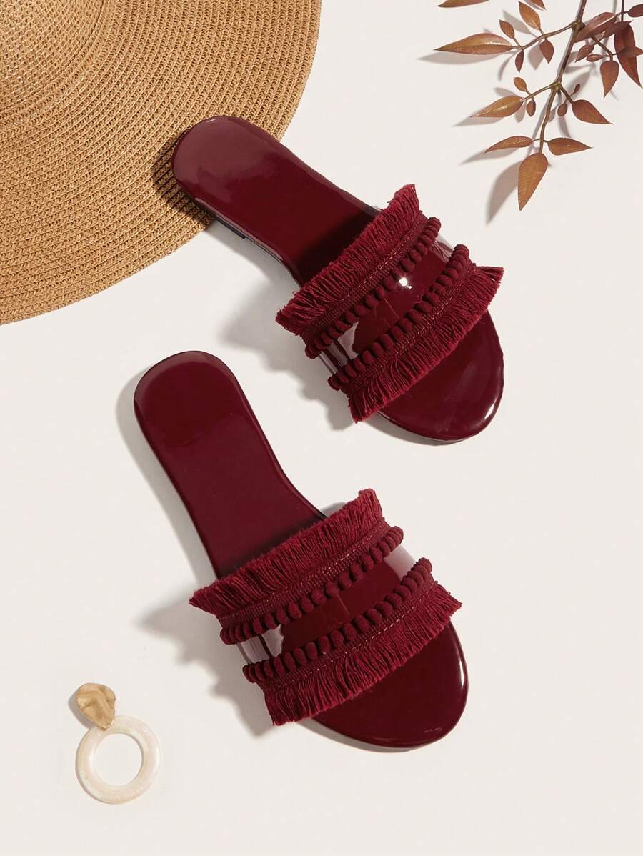 酒红色亮面毛绒球流苏波西米亚风平底凉鞋，女款，毛绒球装饰的数量和长度随机，适合春夏穿着。 - 酒紅色 - 查看 1