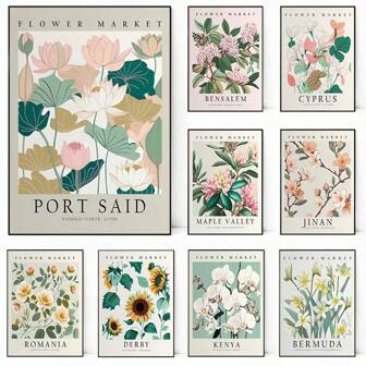 1 pieza Obra de arte de pared Pósteres sin marco Estilo nórdico vintage mercado de flores, girasoles, lirios, flores de loto, pósteres abstractos simples, lienzos, paredes, artistas, decoración, decoración pop