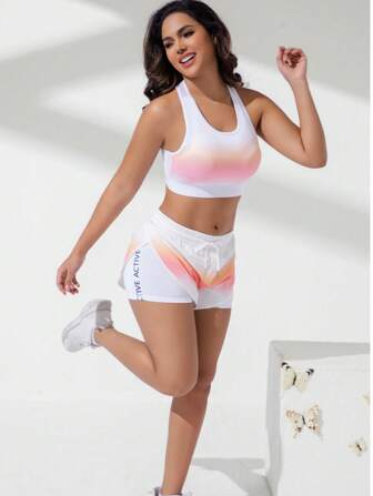 Fashionable Gradient Print Drawstring Waist Sports Suit