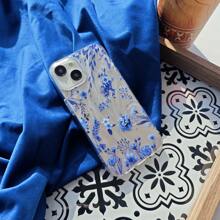 1 pièce Étui de téléphone en TPU souple à motif floral bleu vintage, design élégant de plumes dégradé, style artistique luxueux avec laser scintillant, compatible avec Apple/OPPO/VIVO/Honor/Redmi/Transsion smartphones