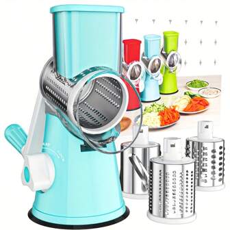 Multifunctional Three-In-One Easy-To-Use Manual Rotating Cheese And Vegetable Potato Grater With Handle - Made Of Plastic, Rustproof, Easy To Clean, Very Suitable For Kitchen, Camping And RV Use - Includes 3 Interchangeable Shaving Rollers