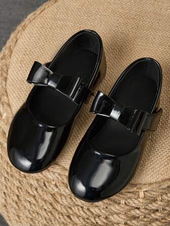 1 Pair Girls' Black Leather Formal Shoes, Princess & Host Shoes For School, Choir Performance, Round Toe Soft Leather Etiquette Shoes, Cute & Fashionable Flat School Shoes