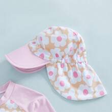 Toddler Baby Girl One Piece Swimsuit UPF 50+ Sun Protection Long Sleeve Rash Guard Bathing Suit Swimwear Sunhat Set - Pink - View 4