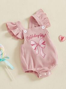Toddler Girl First Birthday Romper Letter Bow Embroidery Ruffled Flying Sleeve Infant Jumpsuit For Summer - Pink - View 5