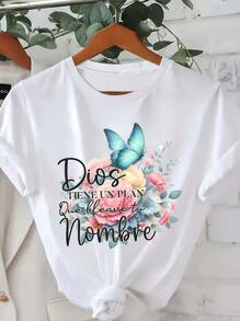 Camiseta casual de mujer de manga corta con cuello redondo - Blanco - Ver 1