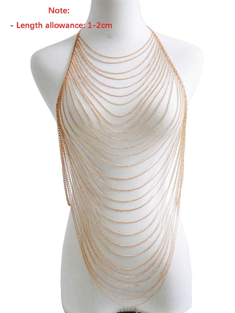 Layered Hollow Chain Tassel Body Chain For Women, Elegant Niche Design, Versatile For Vacation, Party, Daily Wear, Festival Gift - Gold - View 1