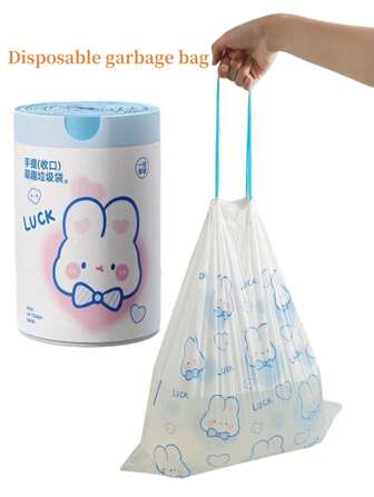 1 卷约 60-75 个可爱卡通兔子设计抽绳垃圾袋，加厚印花手柄，多功能一次性垃圾袋，适用于婴儿房尿布储存，便携式尿布清理，款式随机