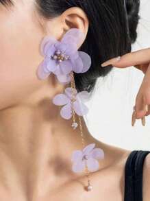 2PCS Fashion Elegant Lace Pearl Flower Long Earrings Niche Original Design Cold Romantic Sue Earrings Fabric Flower Long Earrings Suitable For Daily Wear