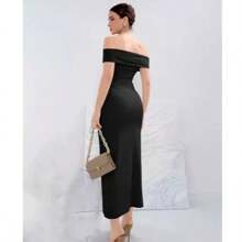 Vestido de noche formal para mujer, elegante, con hombros descubiertos, sin mangas, con abertura alta, fruncida,Vestido largo de satén con hombros descubiertos y espalda fruncida para mujer, sin tirantes, sin mangas, ajustado para dama de honor