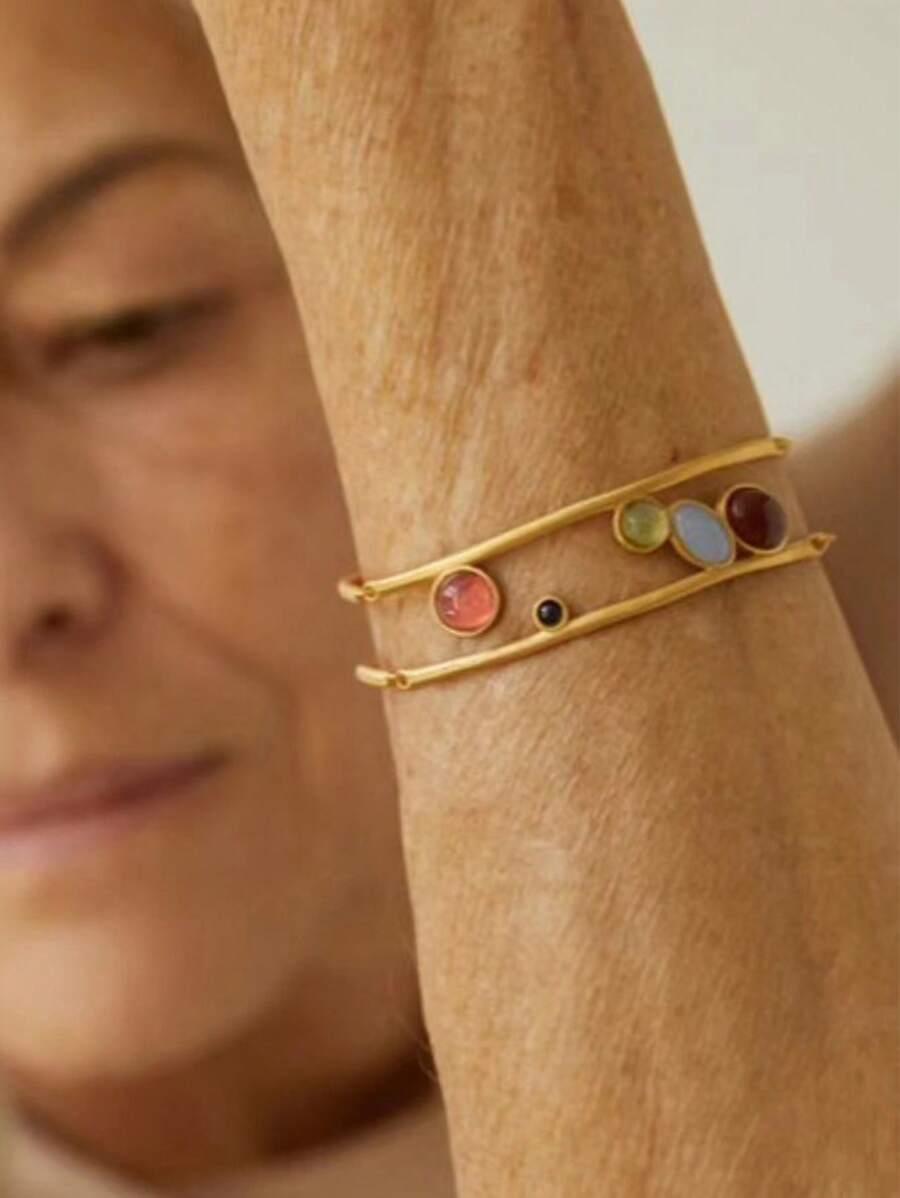 1pc Women's Fashion Luxury Bohemian Style Colorful Rhinestone Engraved Wide Bangle Bracelet, Vintage Elegant Jewelry Gift For Party
