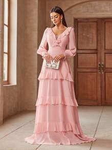 Elegantes, einfarbiges, ausgestelltes Maxi-Brautjungfernkleid mit Rüschensaum - Pink - Übersicht 2