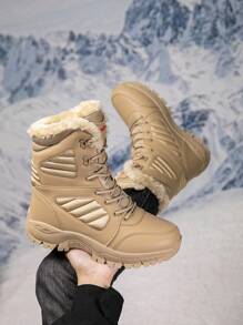 Men's Solid Color Faux Leather Spliced Thick Warm Anti-Slip Snow Boots, Outdoor Versatile Couples Big Size Snow Sports Shoes,