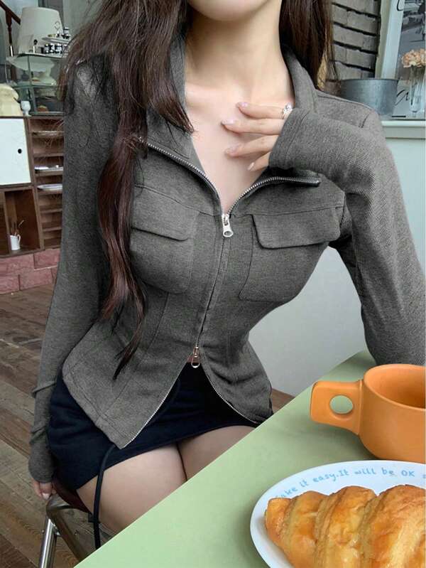 2025 Spring & Summer Korean Retro Chic Collared Long Sleeve Zip Up Slim Fit Blouse For Women