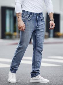 ESDVQ Men's Slim Fit Embroidered Pocket Stretch Straight-Leg Jeans - Light Wash - View 2