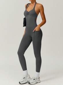 NcmRyu 时尚性感褶皱露背提臀塑身吊带连体衣 - 灰色 - 查看 3